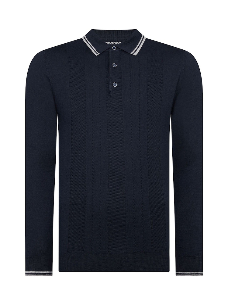Remus Uomo Navy Long Sleeve Knitted Tipped Polo Shirt - Image 6 of 6 Remus Uomo Navy Long Sleeve Knitted Tipped Polo Shirt - Image 6 of 6