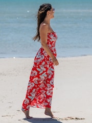 Pour Moi Red Leaf Strapless Shirred Bodice Woven Maxi Beach Dress - Image 1 of 4