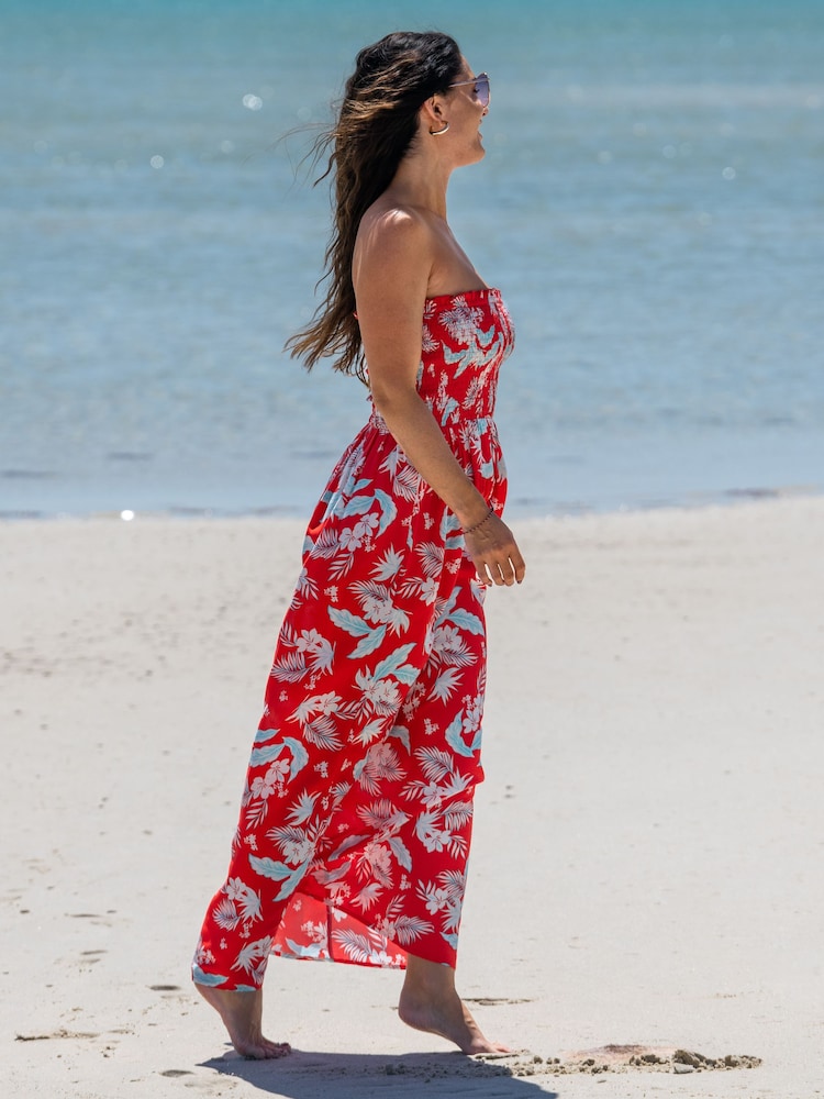 Pour Moi Red Leaf Strapless Shirred Bodice Woven Maxi Beach Dress - Image 1 of 4