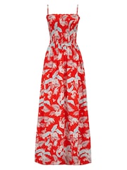 Pour Moi Red Leaf Strapless Shirred Bodice Woven Maxi Beach Dress - Image 2 of 4