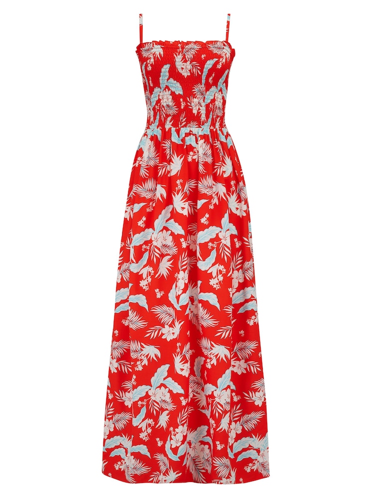 Pour Moi Red Leaf Strapless Shirred Bodice Woven Maxi Beach Dress - Image 2 of 4