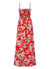 Pour Moi Red Leaf Strapless Shirred Bodice Woven Maxi Beach Dress - Image 3 of 4