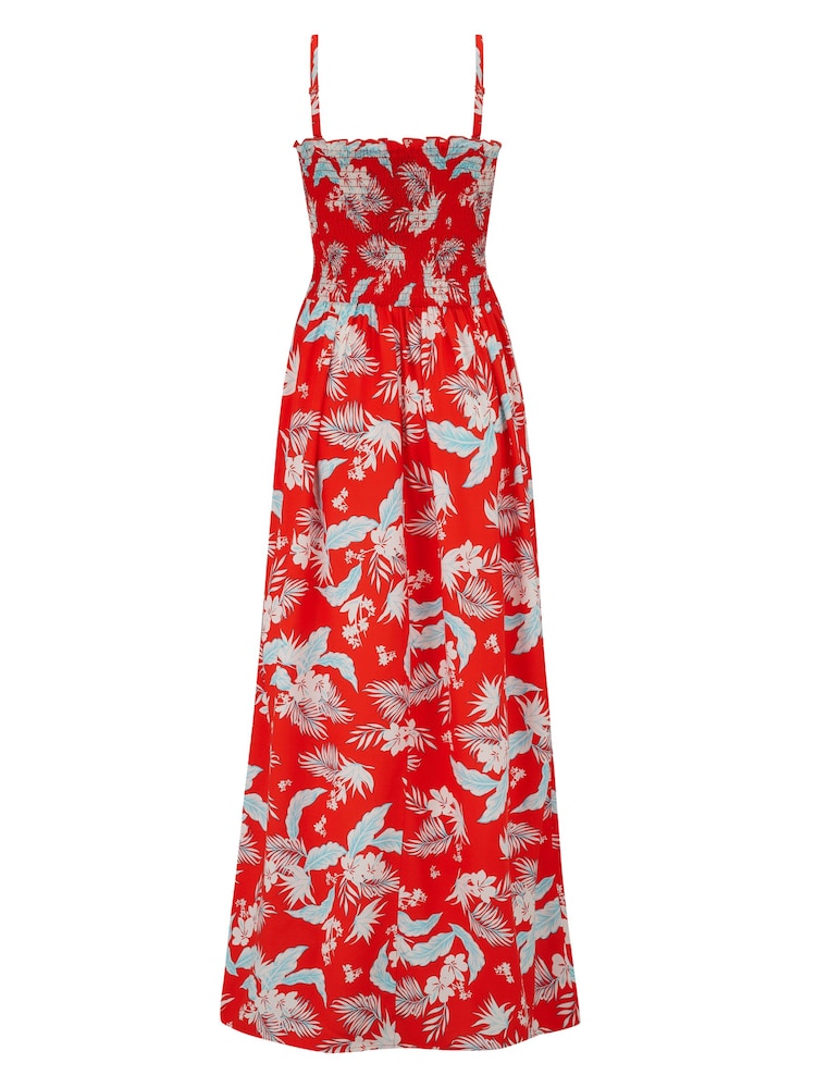 Pour Moi Red Leaf Strapless Shirred Bodice Woven Maxi Beach Dress - Image 3 of 4