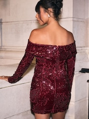 Burgundy Red Long Sleeve Sequin Bardot Mini Dress - Image 3 of 8