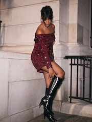Burgundy Red Long Sleeve Sequin Bardot Mini Dress - Image 4 of 8