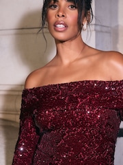 Burgundy Red Long Sleeve Sequin Bardot Mini Dress - Image 5 of 8