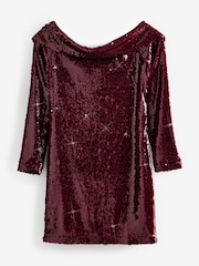 Burgundy Red Long Sleeve Sequin Bardot Mini Dress - Image 6 of 8