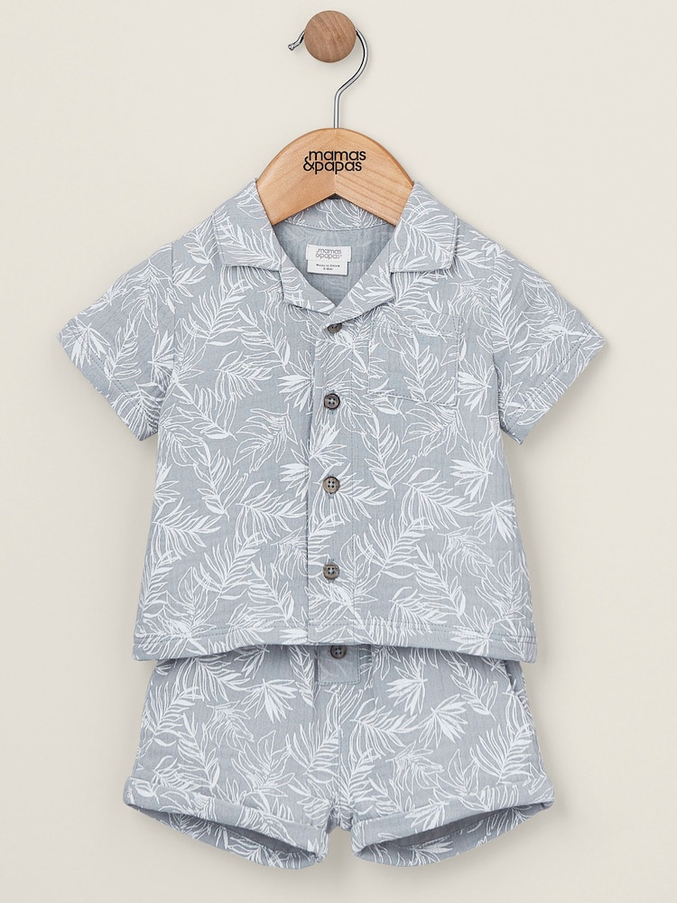 Mamas & Papas Blue 100% Cotton Palm Print Shirt And Shorts Set 2 Piece - Image 1 of 4 Mamas & Papas Blue 100% Cotton Palm Print Shirt And Shorts Set 2 Piece - Image 1 of 4