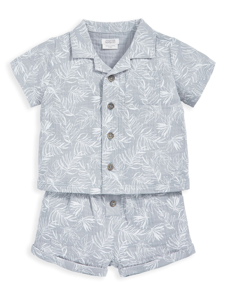 Mamas & Papas Blue 100% Cotton Palm Print Shirt And Shorts Set 2 Piece - Image 2 of 4 Mamas & Papas Blue 100% Cotton Palm Print Shirt And Shorts Set 2 Piece - Image 2 of 4