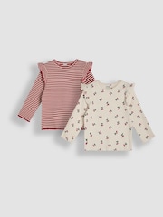 JoJo Maman Bébé 2-Pack Cherry & Stripe Frill Rib Tops - Imagen 1 de 5