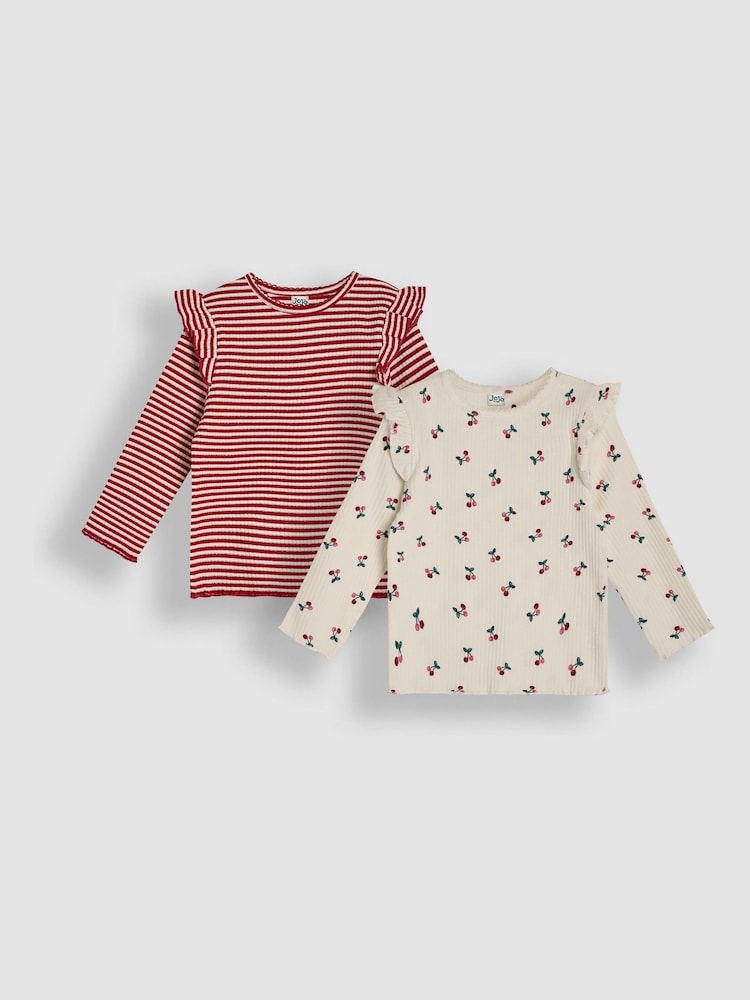 JoJo Maman Bébé 2-Pack Cherry & Stripe Frill Rib Tops - Imagen 1 de 5