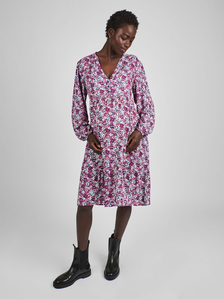 JoJo Maman Bébé Navy Blue Floral Print Tiered Mini Maternity Dress - Image 1 of 6 JoJo Maman Bébé Navy Blue Floral Print Tiered Mini Maternity Dress - Image 1 of 6