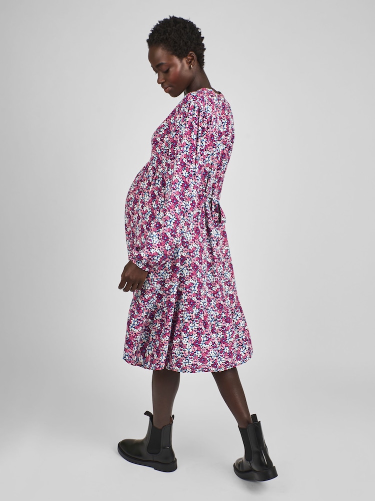 JoJo Maman Bébé Navy Blue Floral Print Tiered Mini Maternity Dress - Image 2 of 6