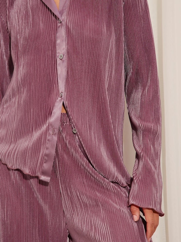 Lipsy Purple Plisse Shirt and Trousers Loungewear Set - Image 2 of 4