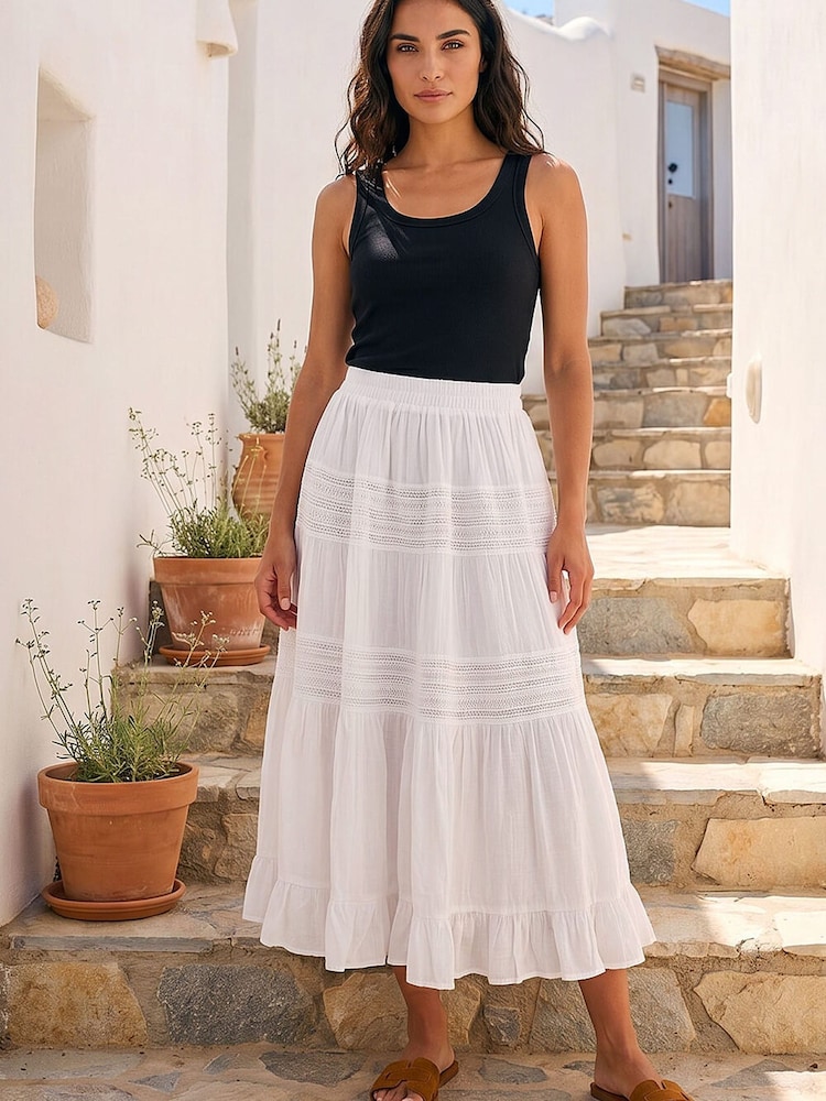 Roman White Lace A Line Midi Skirt - Image 1 of 4 Roman White Lace A Line Midi Skirt - Image 1 of 4