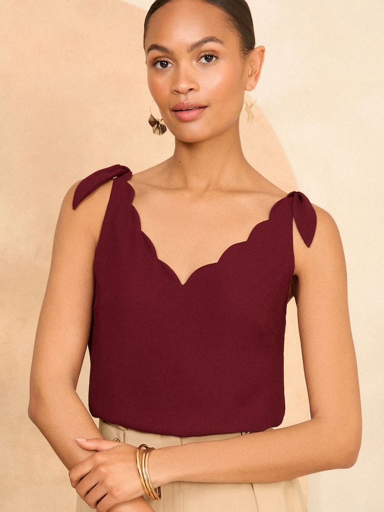 Love & Roses Burgundy Red V Neck Scallop Detail Tie Shoulder Vest - Image 1 of 4