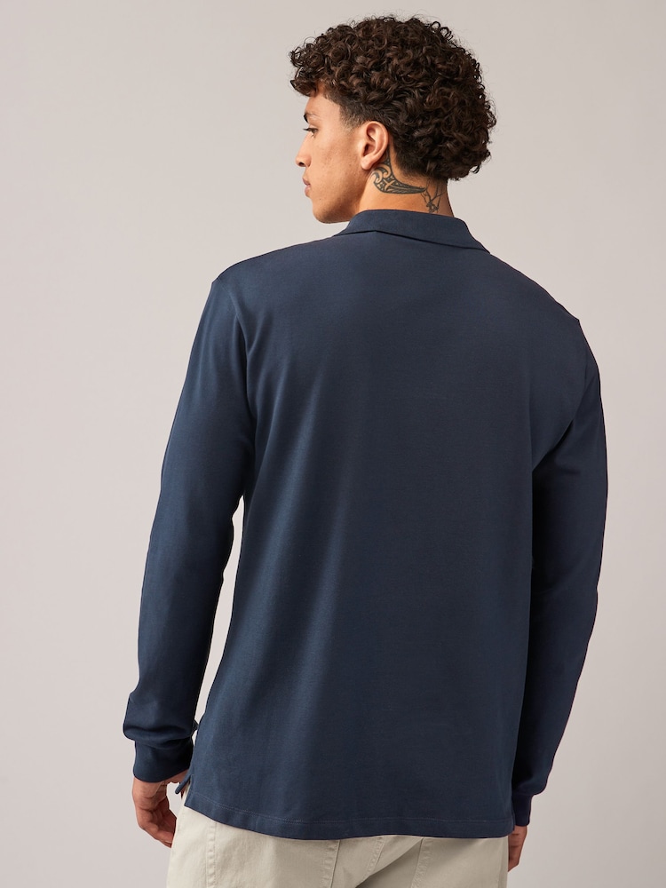 Navy Blue Long Sleeve Pique Polo Shirt - Image 2 of 8