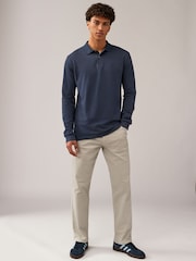 Navy Blue Long Sleeve Pique Polo Shirt - Image 3 of 8