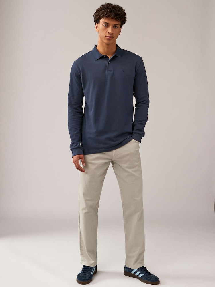 Navy Blue Long Sleeve Pique Polo Shirt - Image 3 of 8