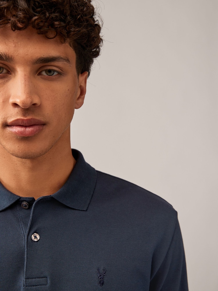 Navy Blue Long Sleeve Pique Polo Shirt - Image 4 of 8