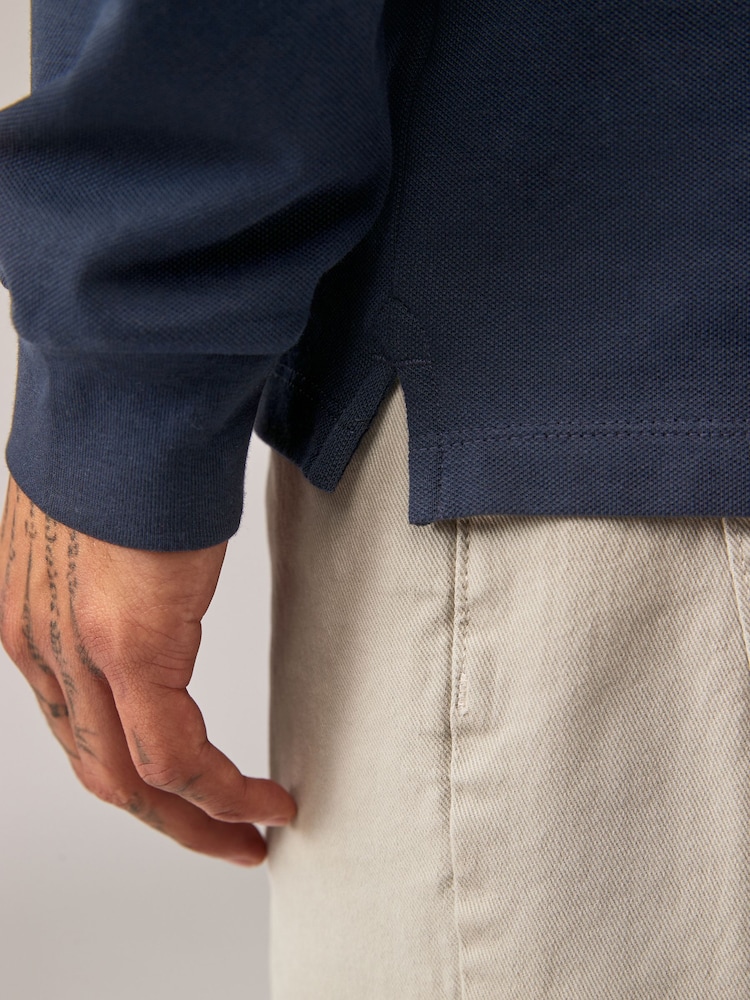Navy Blue Long Sleeve Pique Polo Shirt - Image 5 of 8