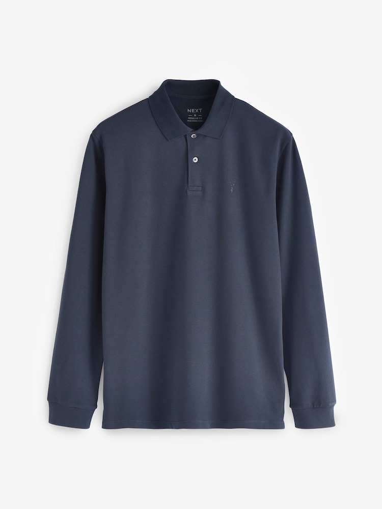 Navy Blue Long Sleeve Pique Polo Shirt - Image 6 of 8