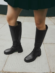 Black Forever Comfort® Chunky Heeled Round Toe Knee High Boots - Image 3 of 10