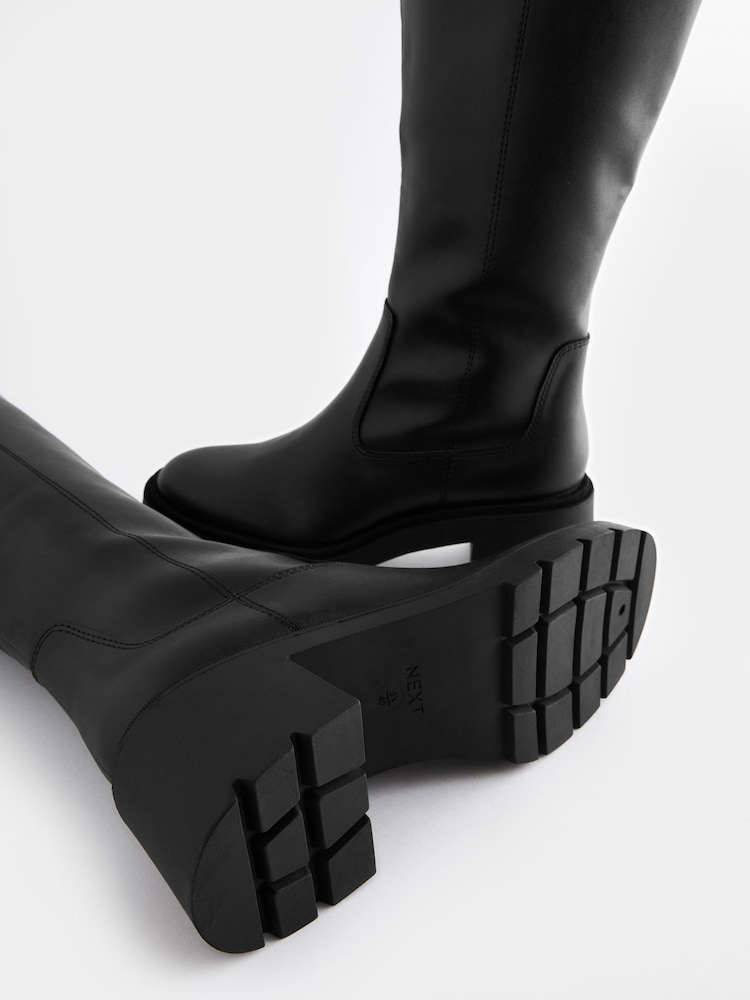 Black Forever Comfort® Chunky Heeled Round Toe Knee High Boots - Image 8 of 10