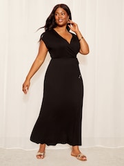 Friends Like These Black Curve Short Sleeve Wrap V Neck Tie Waist Summer Maxi Dress - Image 1 of 4