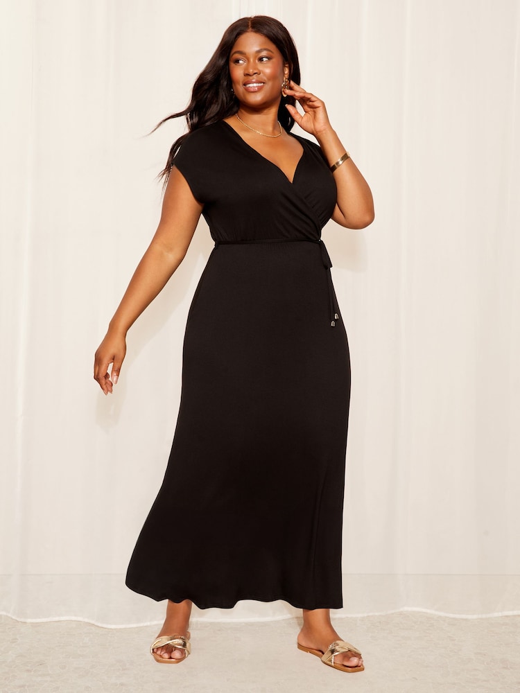 Friends Like These Black Curve Short Sleeve Wrap V Neck Tie Waist Summer Maxi Dress - Image 1 of 4 Friends Like These Black Curve Short Sleeve Wrap V Neck Tie Waist Summer Maxi Dress - Image 1 of 4