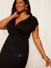 Friends Like These Black Curve Short Sleeve Wrap V Neck Tie Waist Summer Maxi Dress - Image 2 of 4