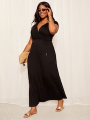 Friends Like These Black Curve Short Sleeve Wrap V Neck Tie Waist Summer Maxi Dress - Image 3 of 4
