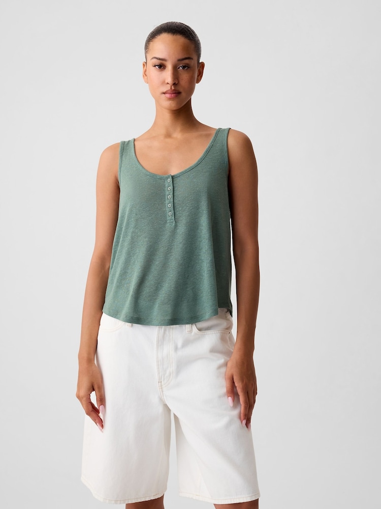 Gap Green Linen Blend Sleeveless Henley Vest Top - Image 1 of 4 Gap Green Linen Blend Sleeveless Henley Vest Top - Image 1 of 4