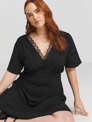 Simply Be Black Waffle Lace Trim Skater Dress - Image 1 of 3