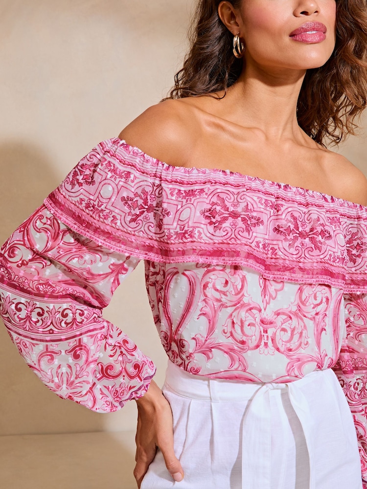 Lipsy Pink Chiffon Dobby Printed Bardot Top - Image 1 of 4 Lipsy Pink Chiffon Dobby Printed Bardot Top - Image 1 of 4
