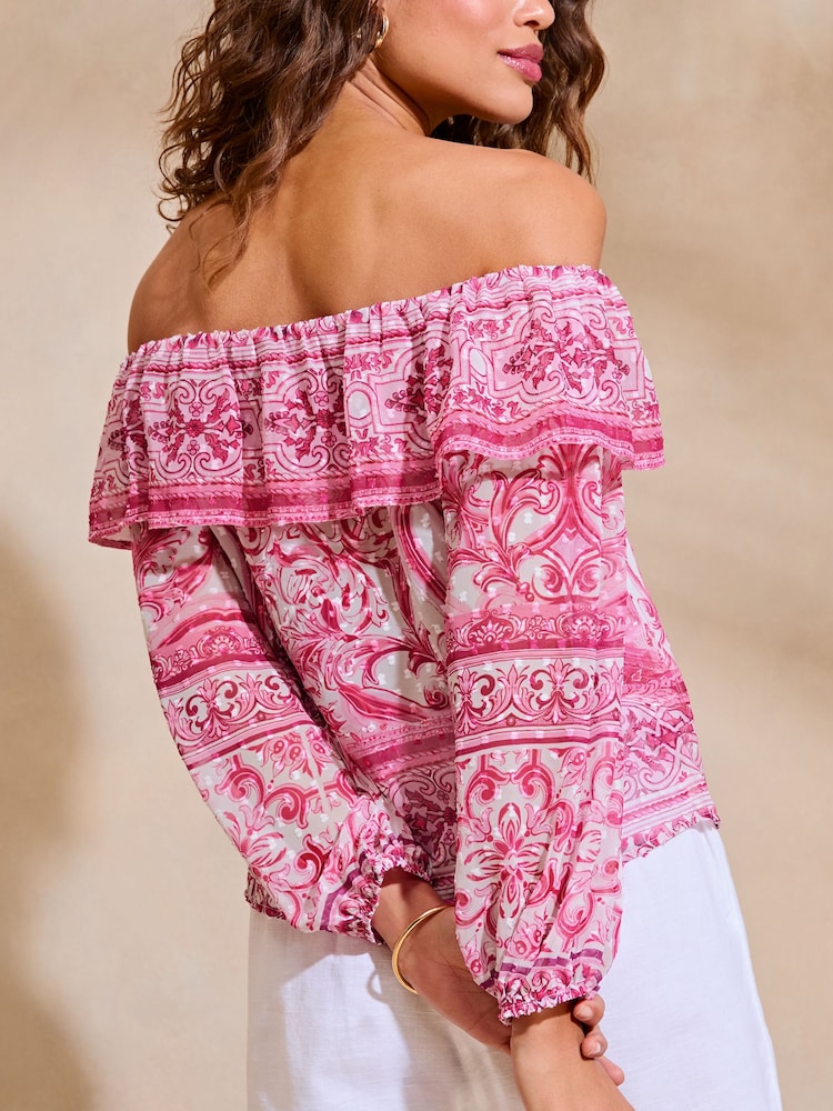 Lipsy Pink Chiffon Dobby Printed Bardot Top - Image 2 of 4 Lipsy Pink Chiffon Dobby Printed Bardot Top - Image 2 of 4