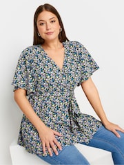 Yours Curve Black Floral Print Textured Wrap Top - Image 1 of 5