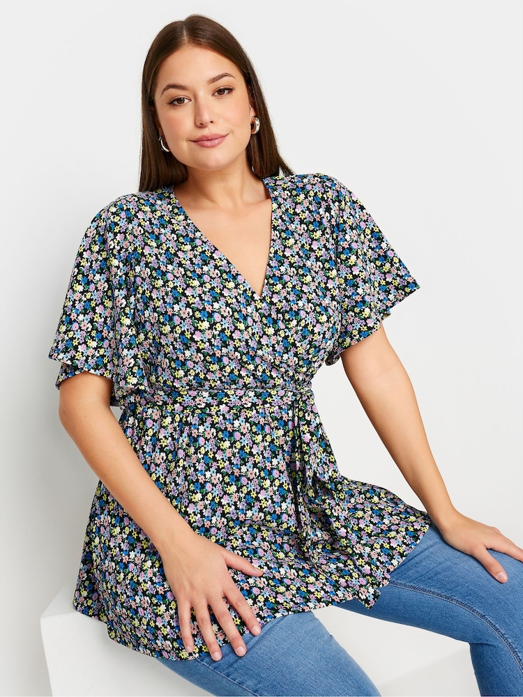 Yours Curve Black Floral Print Textured Wrap Top - Image 1 of 5