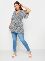 Yours Curve Black Floral Print Textured Wrap Top - Image 2 of 5
