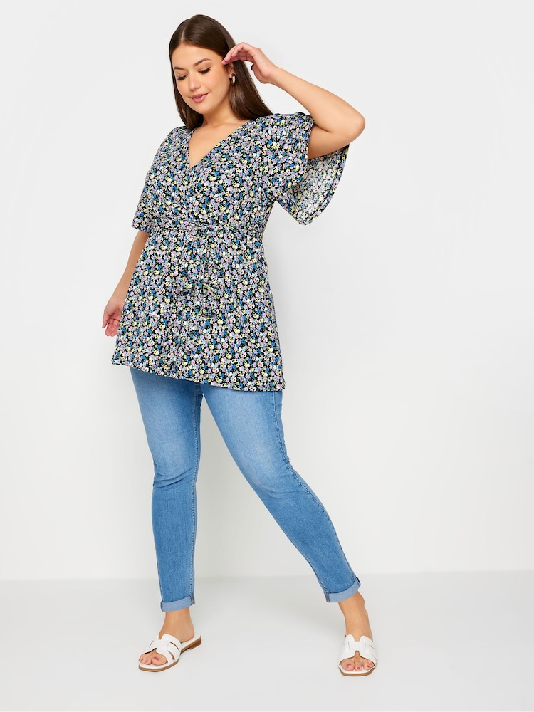 Yours Curve Black Floral Print Textured Wrap Top - Image 2 of 5