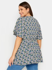 Yours Curve Black Floral Print Textured Wrap Top - Image 3 of 5