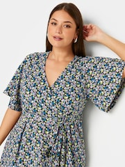 Yours Curve Black Floral Print Textured Wrap Top - Image 4 of 5
