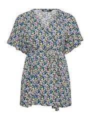 Yours Curve Black Floral Print Textured Wrap Top - Image 5 of 5