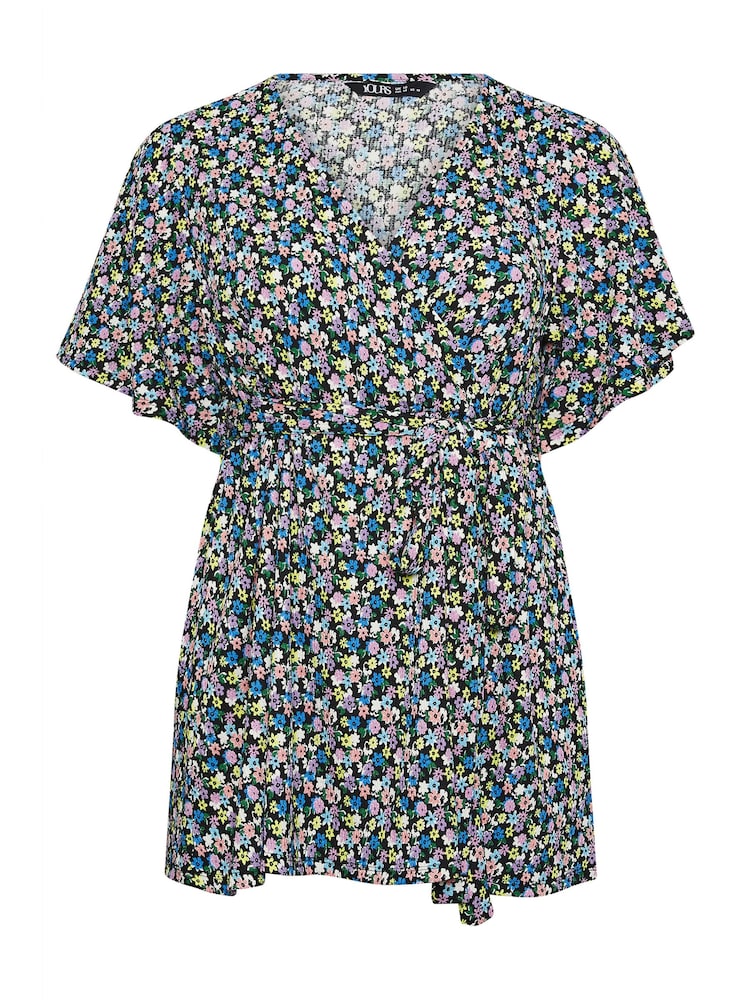 Yours Curve Black Floral Print Textured Wrap Top - Image 5 of 5