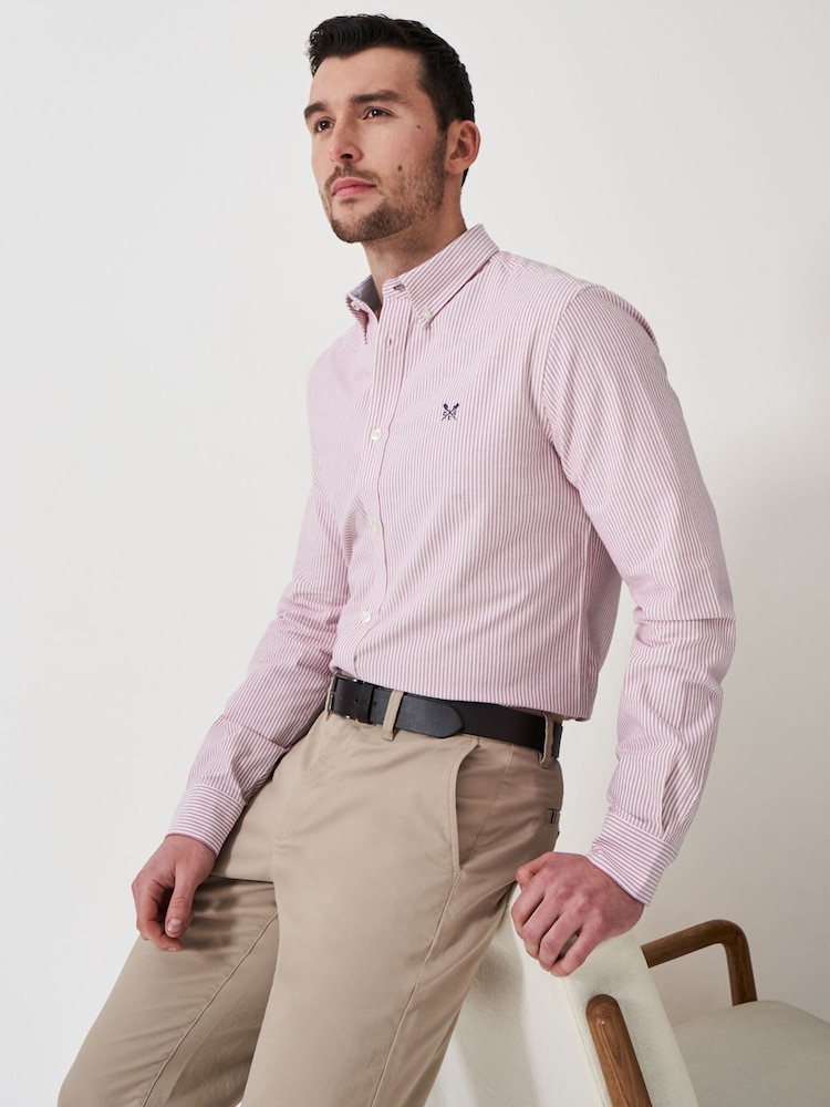 Crew Clothing Red Slim Fit Stripe 100% Cotton Oxford Shirt - Image 1 of 5
