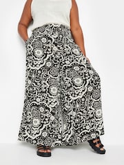 Yours Curve Black Floral Print Shirred Wide Leg Trousers - Image 1 of 5
