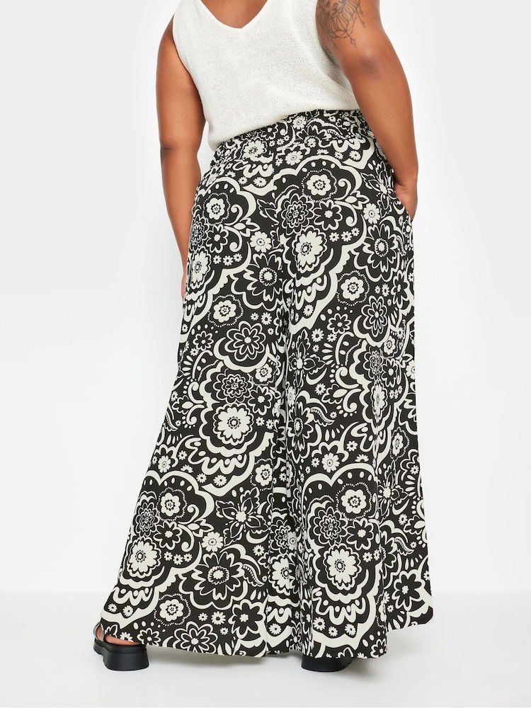 Yours Curve Black Floral Print Shirred Wide Leg Trousers - Image 2 of 5