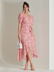 Jolie Moi Pink Print Metallic Textured Chiffon Midi Dress - Image 1 of 6