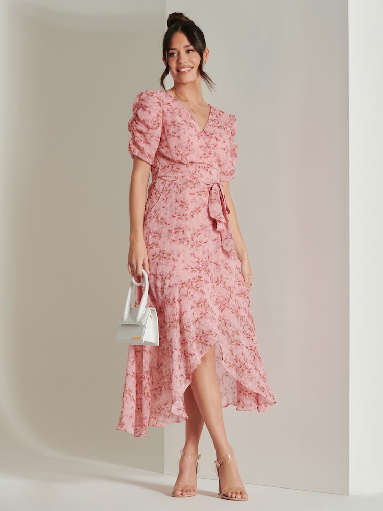 Jolie Moi Pink Print Metallic Textured Chiffon Midi Dress - Image 1 of 6