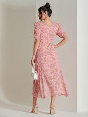 Jolie Moi Pink Print Metallic Textured Chiffon Midi Dress - Image 2 of 6